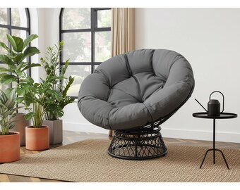 Papasan Chair with Cushion & Frame, 360 Swivel Round Lounge Chair, Waterproof Indoor Outdoor Boho Chair, Cozy Reading Chair