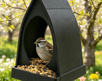 Comedero para pájaros negro con forma de casa / Comedero resistente a la intemperie impreso en 3D para aves silvestres, perfecto para patios y balcones.