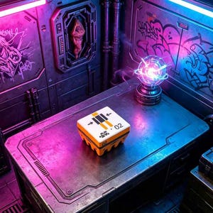 May include: A futuristic scene featuring a small, white and orange box with black and yellow markings and the number "02". A glowing orb sits nearby on a metal surface, with graffiti art on the wall. The scene is illuminated with neon lights.