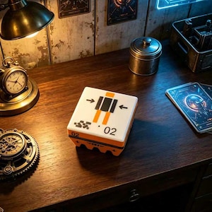May include: A white and orange cube-shaped object with black and orange graphics, including arrows and the number "02". The object sits on a wooden surface, alongside a small clock, a metal container, and playing cards. The scene is lit by a desk lamp.