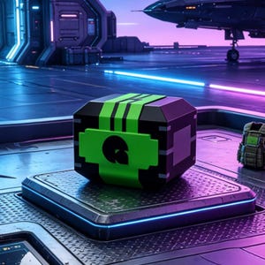 May include: A futuristic black and green box with a stylized 'G' logo, set on a metallic platform. The box has green stripes and accents, with a purple top. The background features a spaceship and a neon-lit interior.