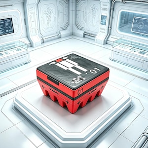 May include: A red and black rectangular container with the number "01" and a white graphic on top. The container is on a white platform in a futuristic, white-walled room.