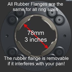 May include: A circular dark gray component featuring a central opening with a 3-inch diameter, indicated by a red arrow. The text states: All Rubber Flanges are the same for all ring sizes. The rubber flange is removable if it interferes with your pan!