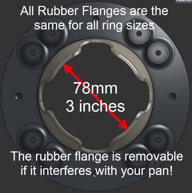 May include: A circular dark gray component featuring a central opening with a 3-inch diameter, indicated by a red arrow. The text states: All Rubber Flanges are the same for all ring sizes. The rubber flange is removable if it interferes with your pan!