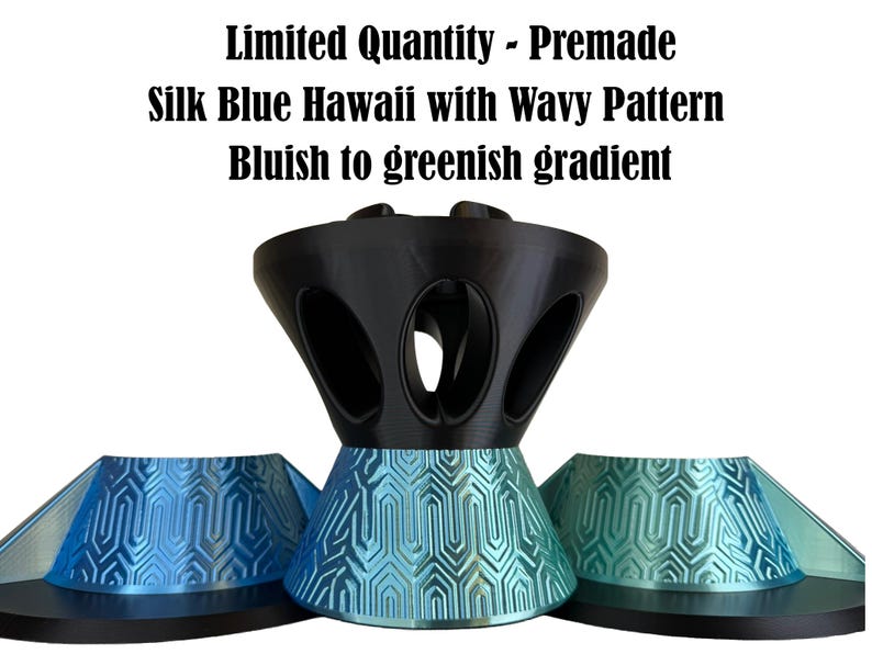 May include: A 3D printed object with a black top section featuring oval cutouts and a base with a wavy pattern in a silk blue to greenish gradient. Text reads: Limited Quantity - Premade, Silk Blue Hawaii with Wavy Pattern, Bluish to greenish gradient.