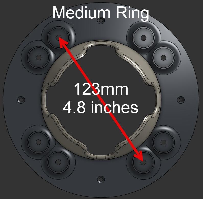 May include: A circular dark gray Medium Ring component featuring a central opening with a wavy edge and eight small circular mounting points. A red arrow indicates a diameter measurement of 123mm or 4.8 inches across the center of the object.