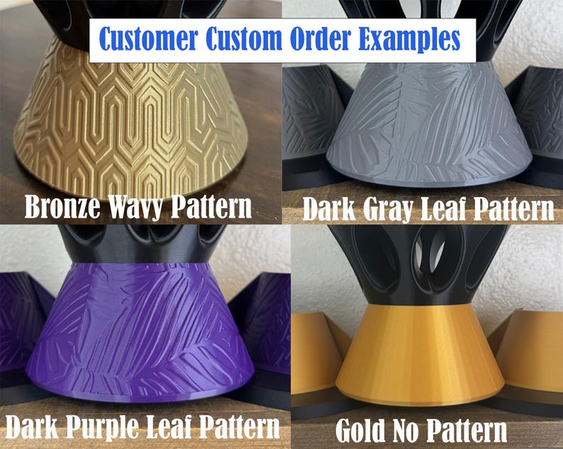 May include: A collage of four conical objects with black tops. The top left is bronze with a wavy pattern. The top right is dark gray with a leaf pattern. The bottom left is dark purple with a leaf pattern. The bottom right is gold with no pattern.