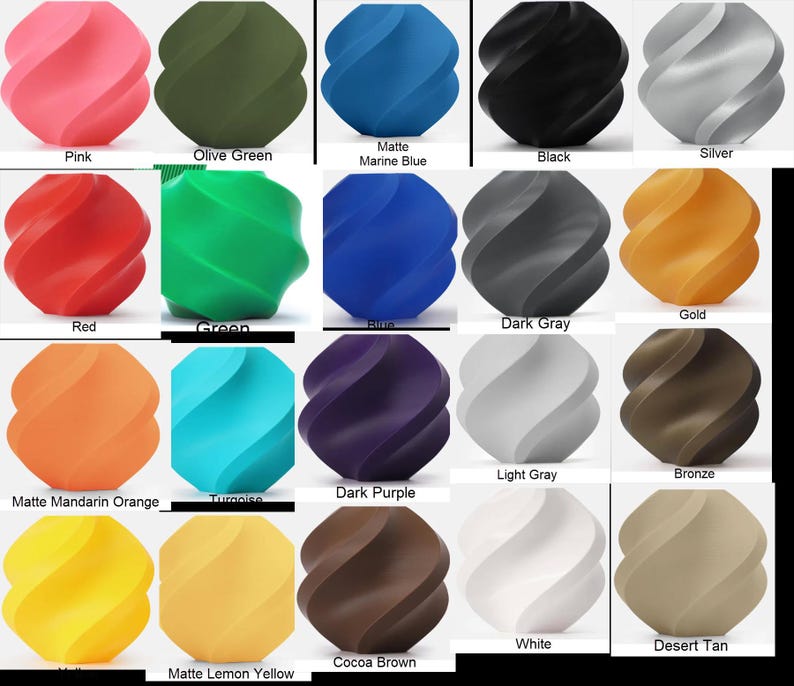 May include: A collection of twenty spherical objects with a spiraling, twisted surface texture, displayed in a grid. Each object is a solid, distinct color including pink, olive green, marine blue, black, silver, red, green, blue, dark gray, gold, orange, turquoise, dark purple, light gray, bronze, yellow, lemon yellow, cocoa brown, white, and desert tan.