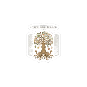 May include: A sticker featuring a whimsical tree with a face, adorned with colorful laboratory flasks and fruit. The tree's roots are stylized as tentacles. The text "CURIOUS NATURE RESEARCH" is at the top, with detailed scroll-like elements on either side.