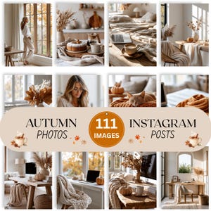 May include: A collection of 111 digital images featuring autumn-themed interior scenes, including cozy home offices, warm living spaces, seasonal decor, pumpkins, dried foliage, and coffee, with the text AUTUMN PHOTOS 111 IMAGES INSTAGRAM POSTS.