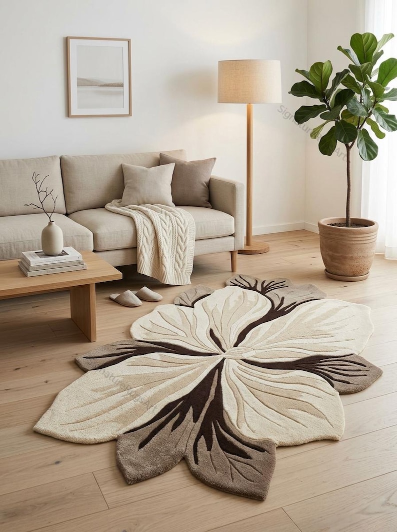 May include: A large, irregularly shaped area rug featuring a stylized floral design in shades of cream, beige, and dark brown. The rug has a tufted texture with curved, petal-like sections radiating from the center, creating a distinct organic shape.
