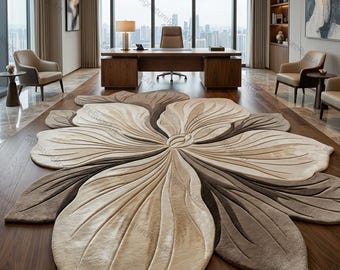 Handgetufteter Wollteppich aus Wolle, 3D-Skulptur in Blumenform, moderner Beige-Braun-Teppich