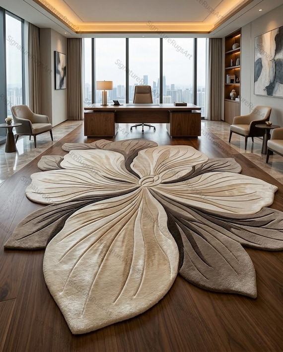 Hand Tufted Wool Floral Rug, 3D Sculpted Flower Shape, Modern Beige Brown Area Carpet