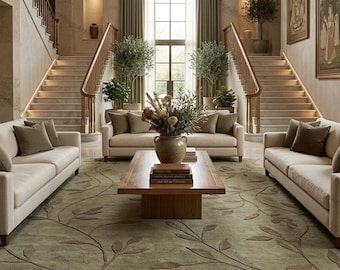 Hand Tufted Wool Botanical Rug, Sage Green Floral Area, Nature Inspired Living Room Decor