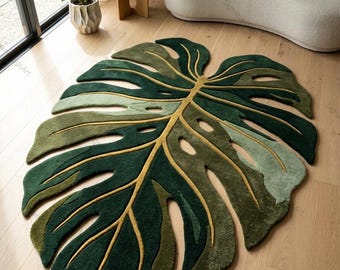 Hand Tufted Wool Monstera Leaf Rug, Tropical Botanical Carpet, Green Living Room Accent