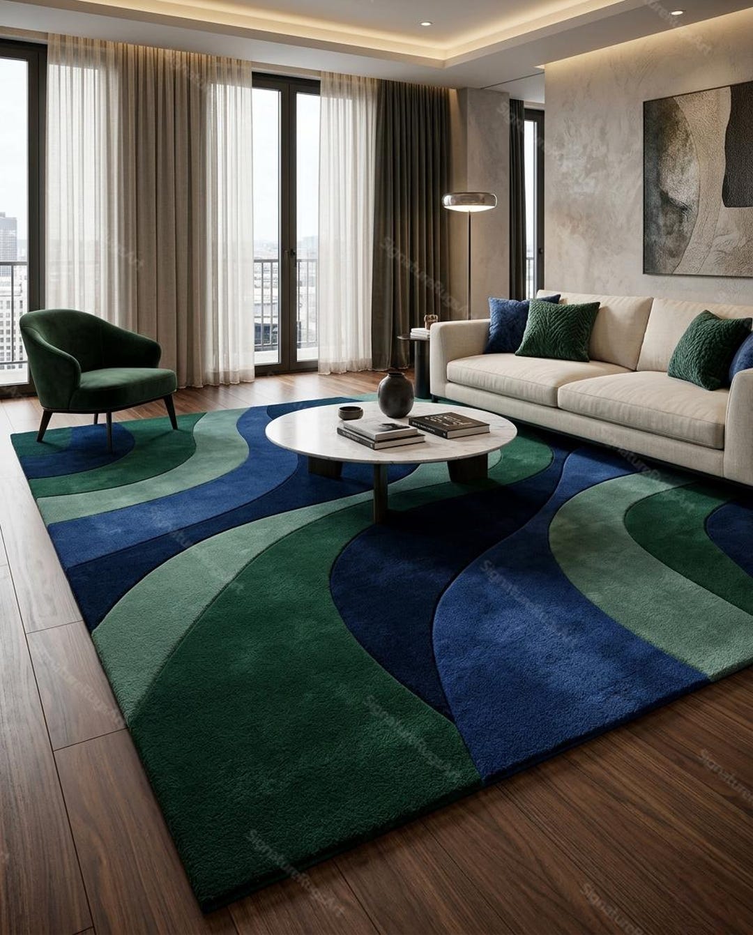 Hand Tufted Wool Area Rug | Modern Abstract Green Blue Curved Geometric ...