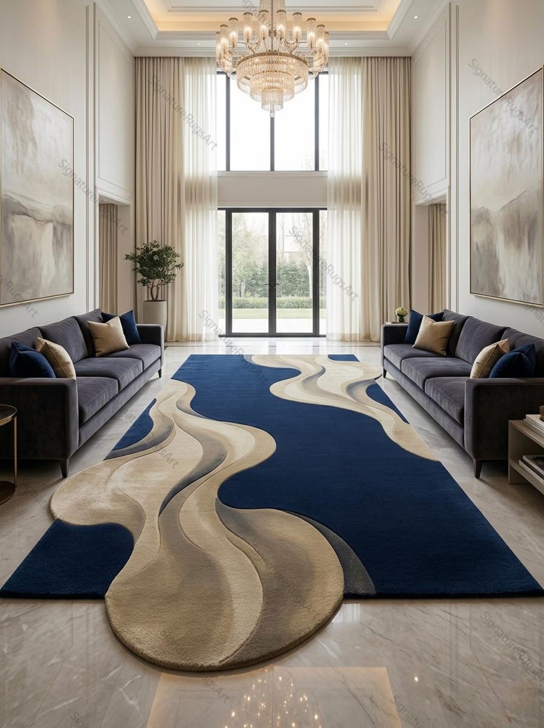 Hand Tufted Wool Abstract Rug, Irregular Shape Blue Beige Carpet - Etsy