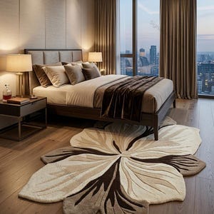 May include: A large, irregularly shaped area rug featuring a stylized floral pattern in shades of cream, beige, and dark brown. The rug has a textured, tufted surface with deep carved lines that define the petal shapes across the floor.