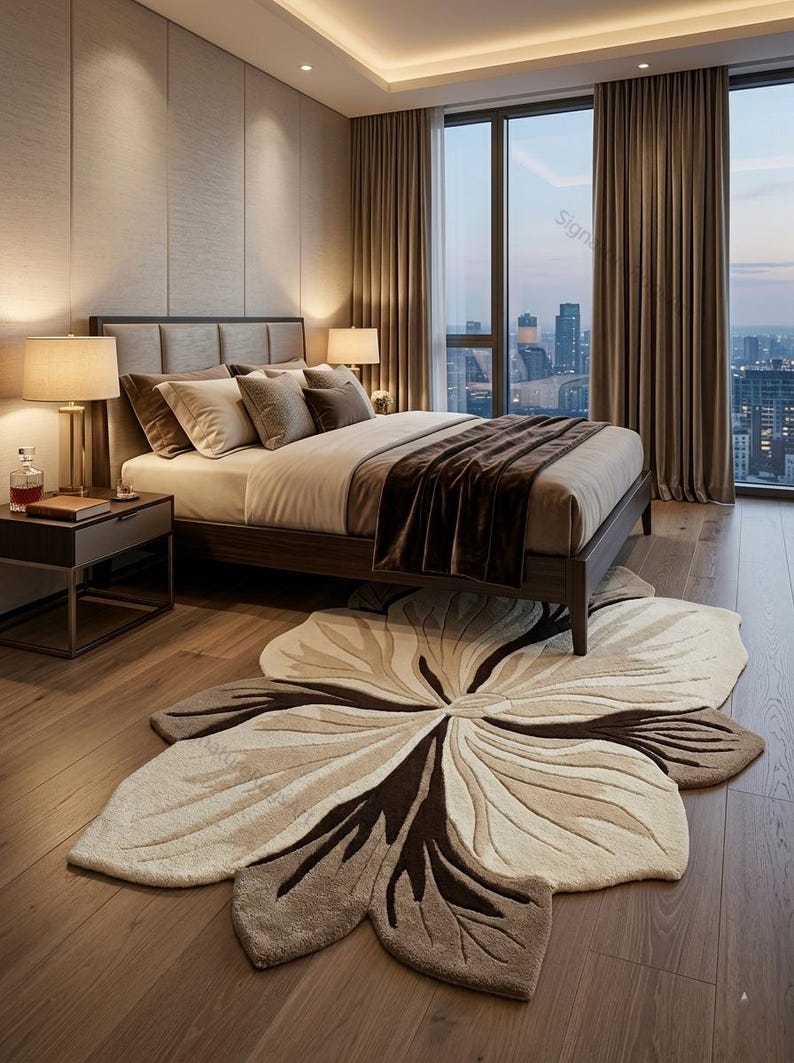 May include: A large, irregularly shaped area rug featuring a stylized floral pattern in shades of cream, beige, and dark brown. The rug has a textured, tufted surface with deep carved lines that define the petal shapes across the floor.