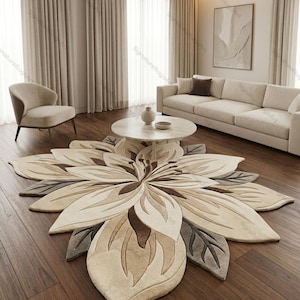 Handgetufteter Wollteppich aus Wolle, Geformter Teppich aus dem Botanischen Bereich, Neutrales Beige Creme Braun