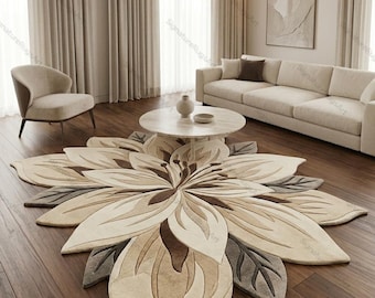 Hand Tufted Wool Floral Rug, Sculpted Botanical Area Carpet, Neutral Beige Cream Brown