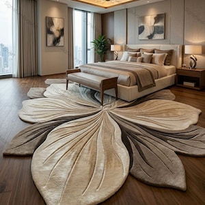 May include: A large, floor-covering rug shaped like a flower with oversized, layered petals in shades of beige, cream, and dark brown. The rug features a textured, tufted surface with carved lines radiating from the center, placed in a bedroom.