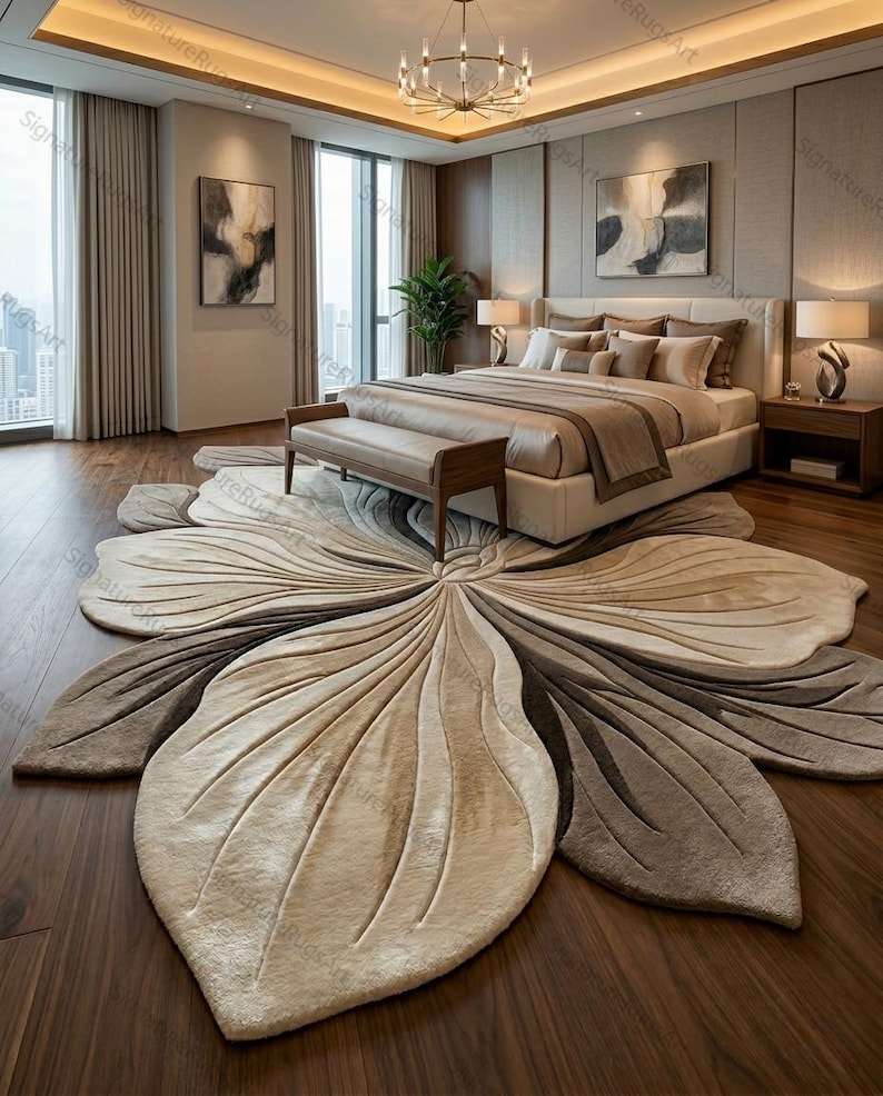 May include: A large, floor-covering rug shaped like a flower with oversized, layered petals in shades of beige, cream, and dark brown. The rug features a textured, tufted surface with carved lines radiating from the center, placed in a bedroom.