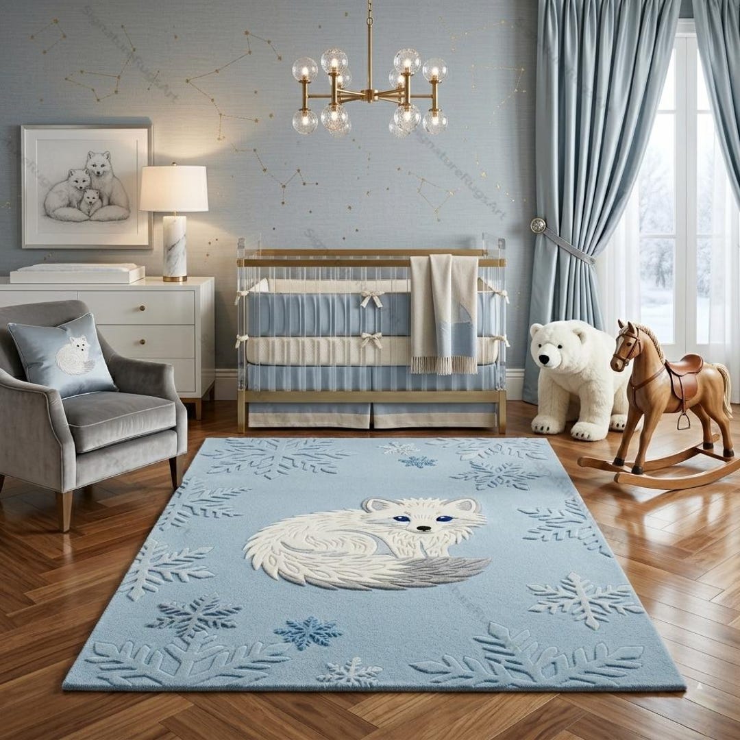 Round Blue Snowflake Rug Arctic Fox Snowflake Blue Nursery Rug, Hand Tufted Wool Playroom Carpet ...