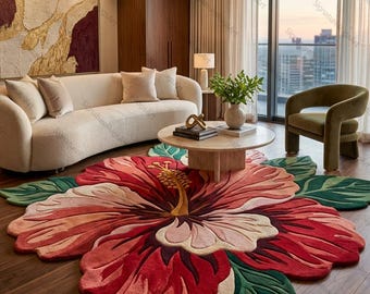 Hand Tufted Wool Floral Rug, Flower Shaped Botanical Carpet, Luxury Living Room Accent