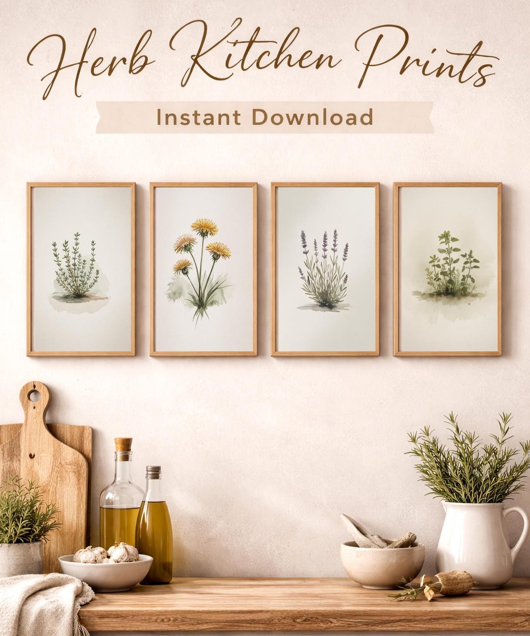 Watercolor Herbs Art Prints - Set of 4 - Cottagecore Farmhouse Kitchen ...