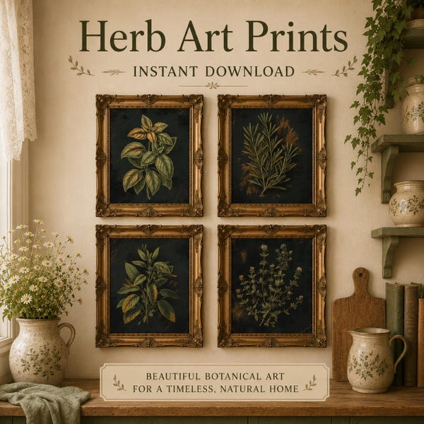 Vintage Herb Apothecary Prints- Set of 4- Dark Rustic Decor Digital Download