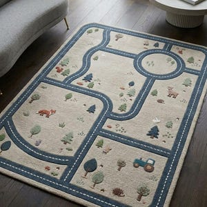 Alfombra de juegos infantil con mapa de carreteras, escenas de la ciudad y la naturaleza.