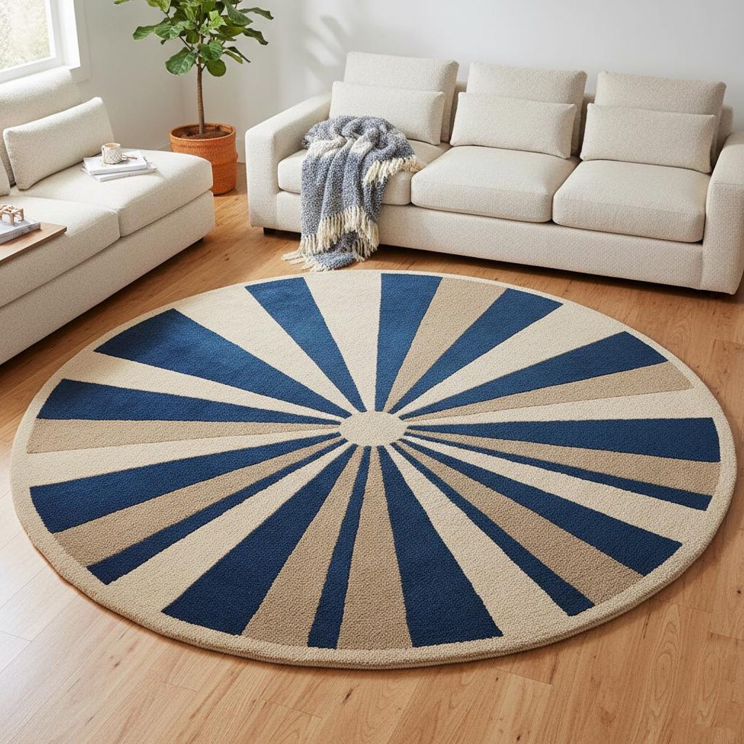 Luxury Modern Blue & Beige Sunburst Round Rug – Geometric Hand-tufted ...