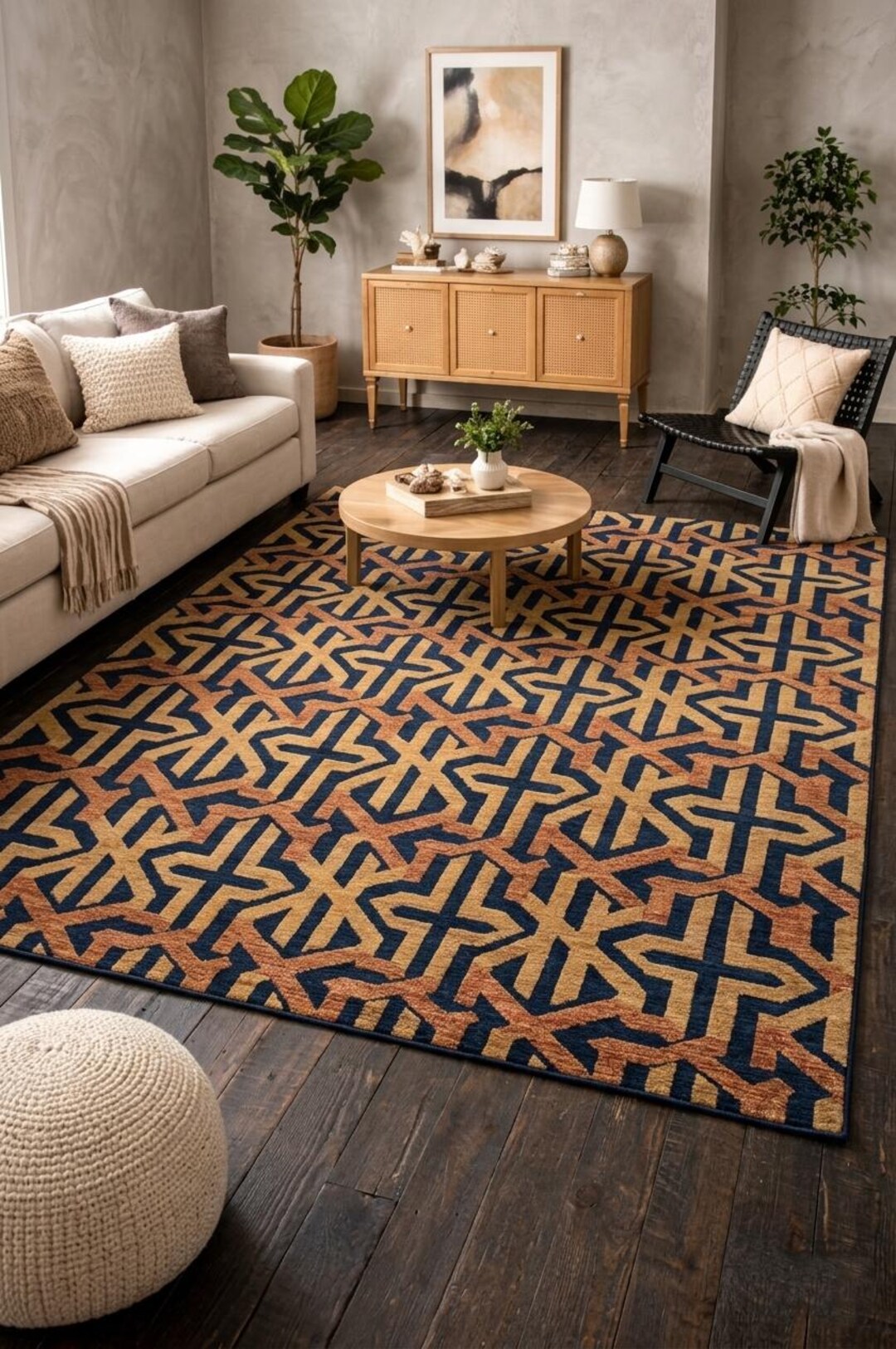 Chic Neutral Living Room With Bold Rug Accent - Etsy