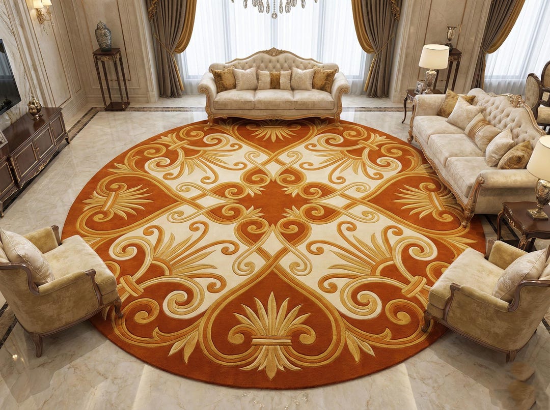 Round Baroque Rug Round Orange Gold Baroque Rug, Elegant European Style Plush Carpet - Etsy