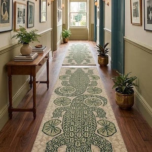 May include: A long rectangular runner rug featuring a repeating green alligator pattern on a cream background. The rug is positioned on a dark wood floor in a hallway, with a matching smaller rug further down the corridor near a window.