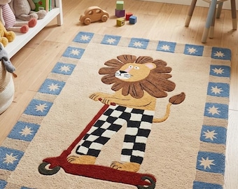 Cute Lion Scooter Kids Rug – Playroom Nursery Area Rug with Blue Star Border | Cartoon Animal Carpet for Boys & Girls Room
