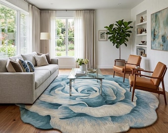 Blauer Rosenteppich - Gemusterter Teppich für Wohnzimmer oder Schlafzimmer