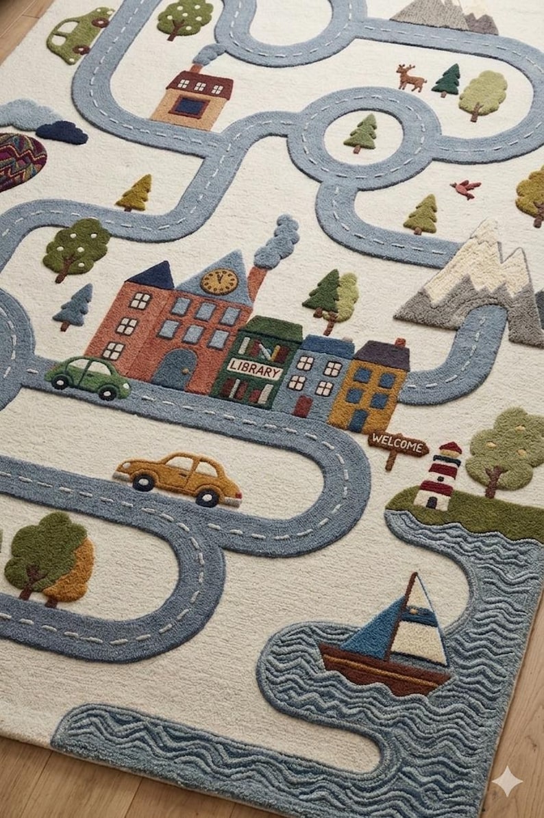 Kids Road Map Play Rug – Educational City Traffic Carpet With Cars ...