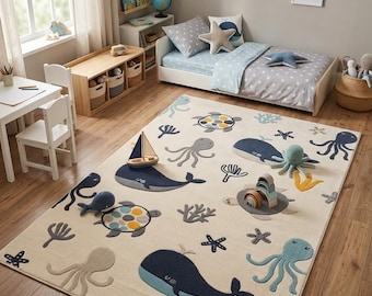 Tapete infantil com animais marinhos, tema náutico, para quarto de bebê ou sala de jogos, com decoração de baleia, tartaruga e polvo.