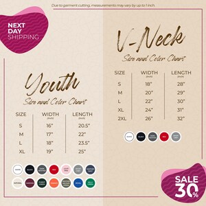 The image is a promotional graphic for a clothing store, displaying size and color charts for youth and V-Neck tops. The chart provides measurements for different sizes, including S, M, L, XL, and 2XL, along with corresponding widths and lengths. The image also includes a sale promotion of 30% off.