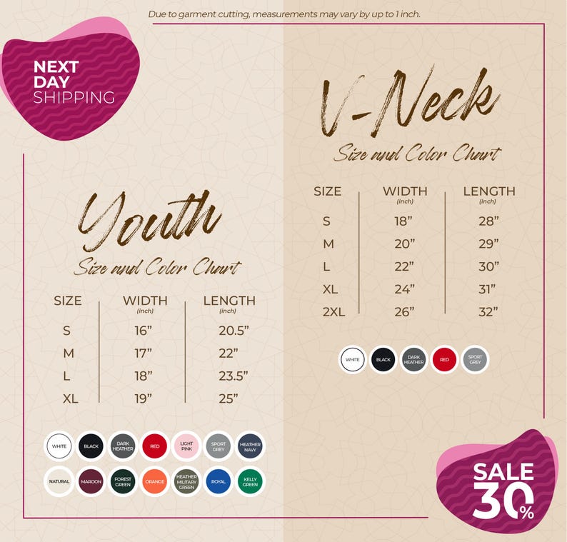 The image is a promotional graphic for a clothing store, displaying size and color charts for youth and V-Neck tops. The chart provides measurements for different sizes, including S, M, L, XL, and 2XL, along with corresponding widths and lengths. The image also includes a sale promotion of 30% off.