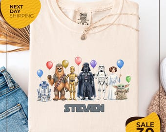 Camiseta Comfort Colors® Star Wars con globos de cumpleaños en acuarela / Camiseta de cumpleaños de Star Wars / Camiseta de Darth Vader, Baby Yoda, Leia y Chewbacca