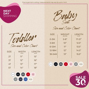 The image is a promotional flyer for a clothing store, displaying size and color charts for toddler and baby suits. The flyer includes a sale offer of 30% off on the purchase of these suits.