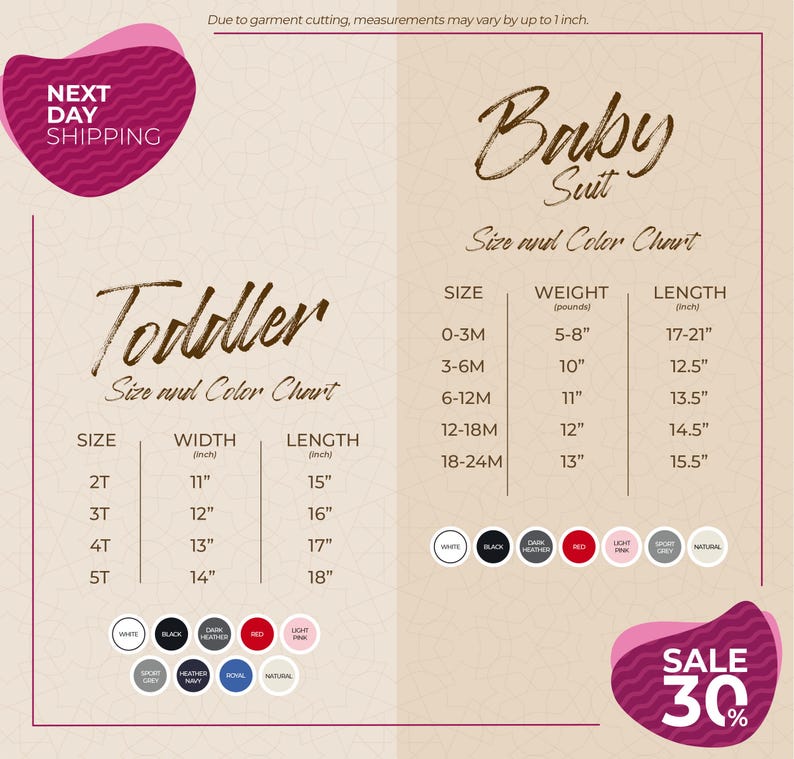 The image is a promotional flyer for a clothing store, displaying size and color charts for toddler and baby suits. The flyer includes a sale offer of 30% off on the purchase of these suits.