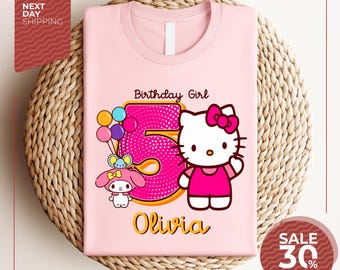 Camiseta de cumpleaños / Camiseta de celebración familiar de Hello Cat / Camiseta de cumpleaños personalizada / Camiseta de fiesta de cumpleaños.