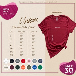 The image is a promotional graphic for a clothing brand, specifically a unisex t-shirt. It features a red t-shirt with measurements and color options displayed, along with a sale promotion.