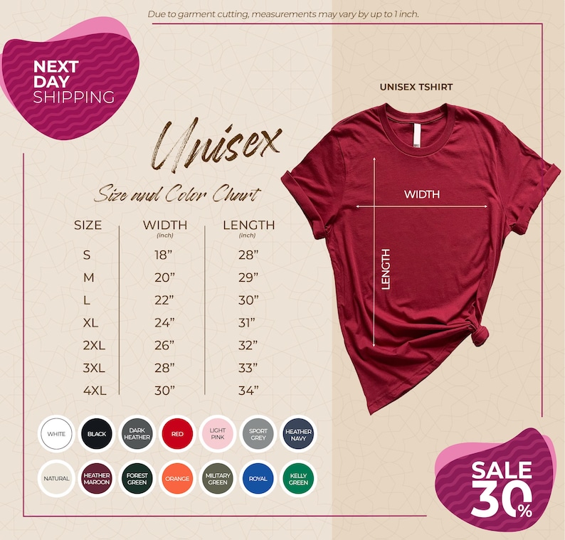 The image is a promotional graphic for a clothing brand, specifically a unisex t-shirt. It features a red t-shirt with measurements and color options displayed, along with a sale promotion.