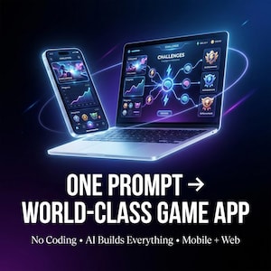 May include: A laptop and smartphone show a game app interface with the word "CHALLENGES" on the screen. The app features progress charts, achievements, and a brain icon. The text "ONE PROMPT -> WORLD-CLASS GAME APP" is displayed below.