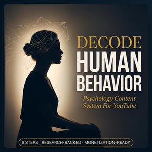 Peut inclure: Silhouette sombre d'une personne avec un chignon, superposée d'un réseau de lignes, sur un fond dégradé. Le texte indique "DECODE HUMAN BEHAVIOR" avec "Psychology Content System For YouTube" en dessous. La bannière inférieure indique "6 STEPS • RESEARCH-BACKED • MONETIZATION-READY".